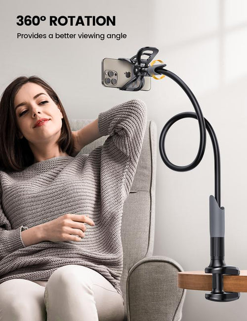 Adjustable 360° Rotating Tablet Holder – Lamicall Gooseneck Phone Holder with Clamp Mount, Flexible 360° Adjustable Arm Clip, Overhead Stand for Bed/Desk, Fits All 4-7" Phones (Iphone 15/14/13 Series)