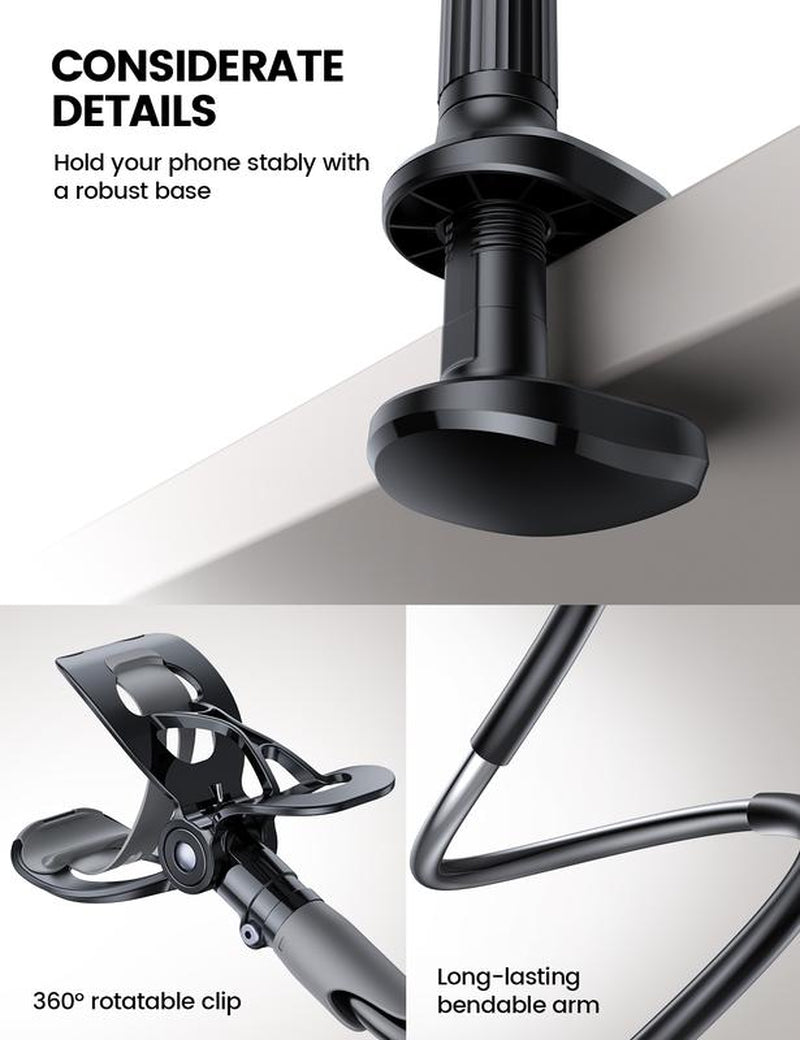 Adjustable 360° Rotating Tablet Holder – Lamicall Gooseneck Phone Holder with Clamp Mount, Flexible 360° Adjustable Arm Clip, Overhead Stand for Bed/Desk, Fits All 4-7" Phones (Iphone 15/14/13 Series)