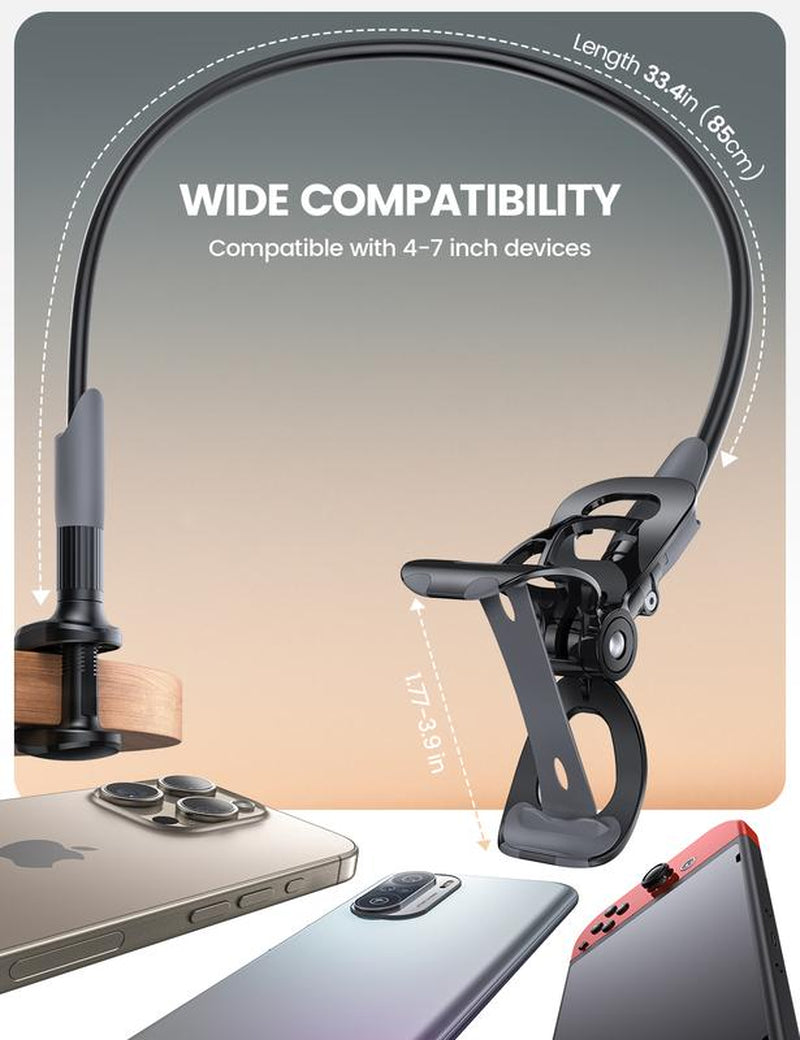 Adjustable 360° Rotating Tablet Holder – Lamicall Gooseneck Phone Holder with Clamp Mount, Flexible 360° Adjustable Arm Clip, Overhead Stand for Bed/Desk, Fits All 4-7" Phones (Iphone 15/14/13 Series)