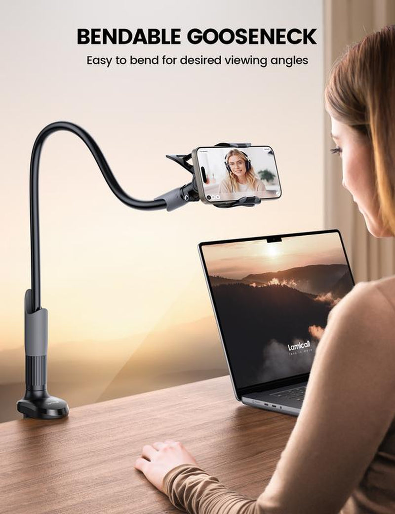 Adjustable 360° Rotating Tablet Holder – Lamicall Gooseneck Phone Holder with Clamp Mount, Flexible 360° Adjustable Arm Clip, Overhead Stand for Bed/Desk, Fits All 4-7" Phones (Iphone 15/14/13 Series)