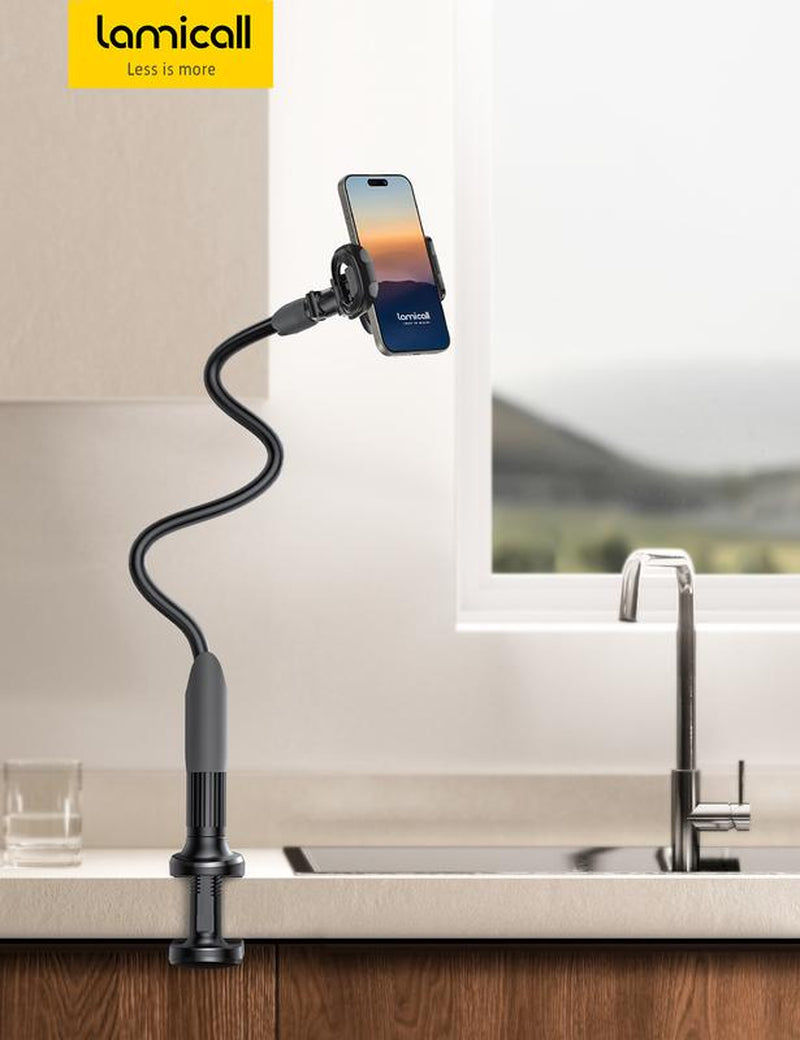 Adjustable 360° Rotating Tablet Holder – Lamicall Gooseneck Phone Holder with Clamp Mount, Flexible 360° Adjustable Arm Clip, Overhead Stand for Bed/Desk, Fits All 4-7" Phones (Iphone 15/14/13 Series)